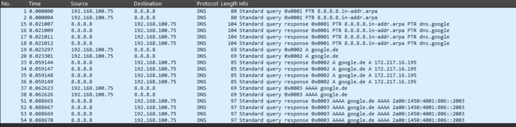 Wireshark-Darstellung der Protokolldatei